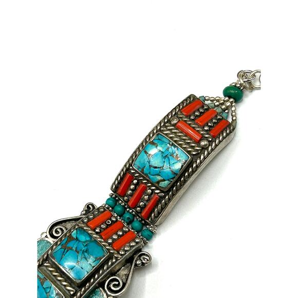 Tibetan Silver Turquoise Coral Set Bracelet Ring Earrings Adjustable - Picture 8 of 8